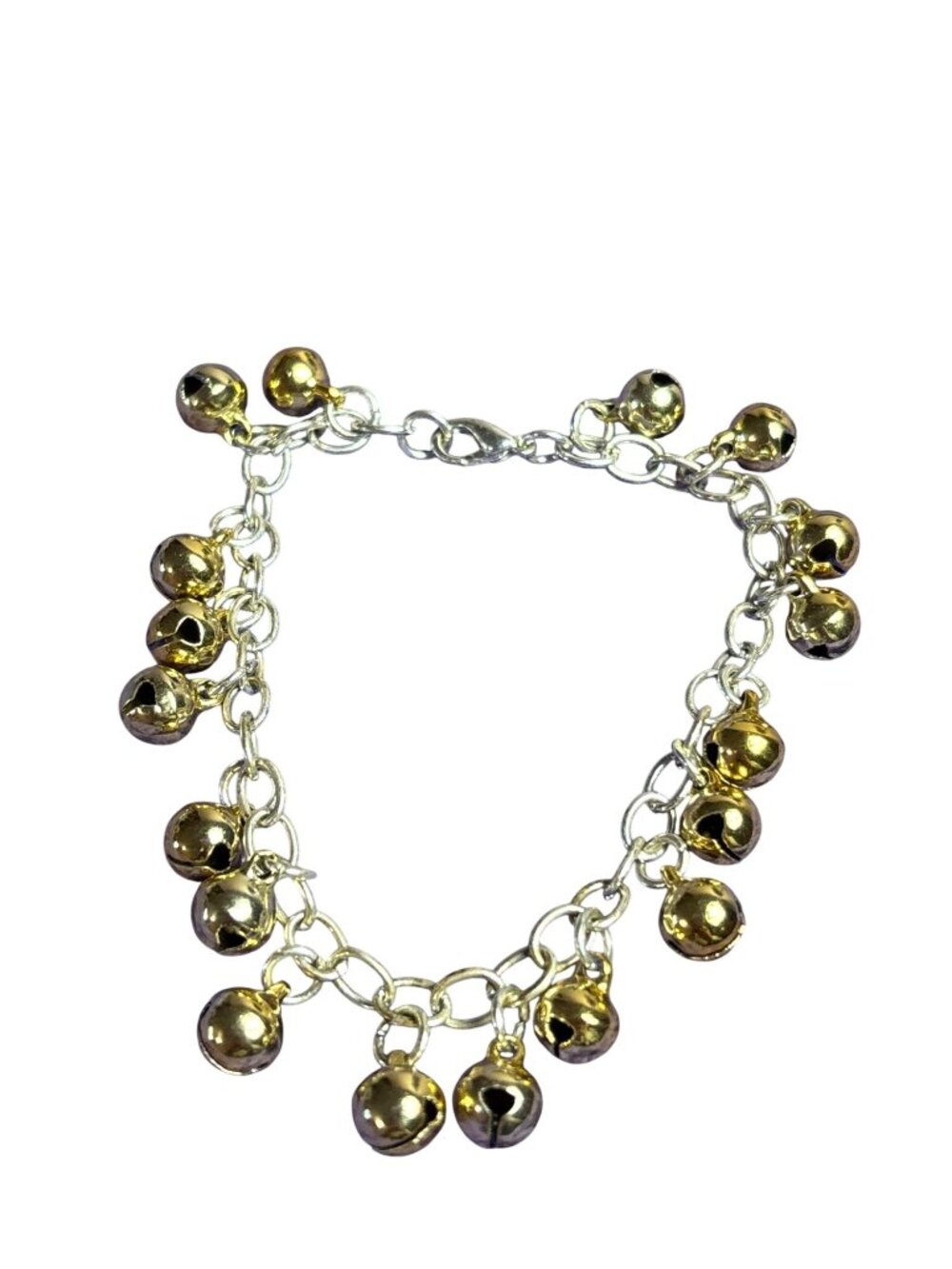 Silvertone Chain Goldtone Jingle Bell Fringe Bracelet 7.5 inches Long